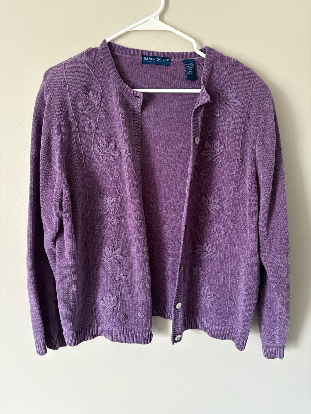 Karen Scott Embroidered Purple Floral Knit Cardigan
